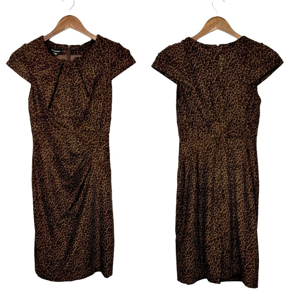 Bebe Brown & Black Cheetah Animal Print Faux Suede Pleated Y2K Mini Sheath Dress